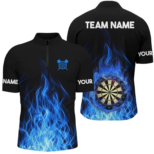 Individuelles Blaues Feuerflamme Dartboard Herren Shirt mit Viertelreißverschluss, Dart Team Trikot TDM1281