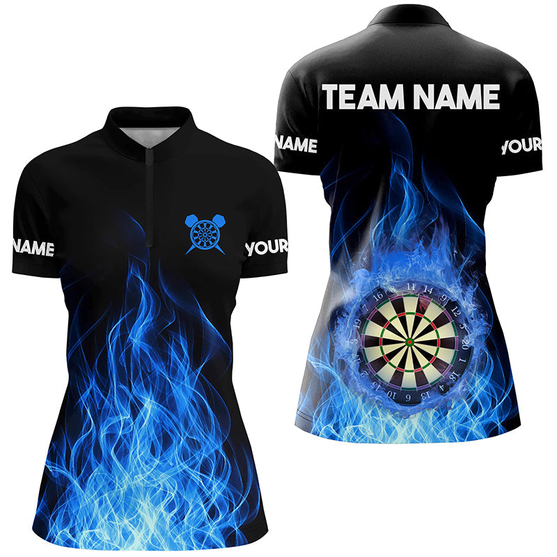 Individuelles Blau Feuerflamme Dartboard Damen Quarter Zip Shirt, Dart Shirts Für Team TDM1281
