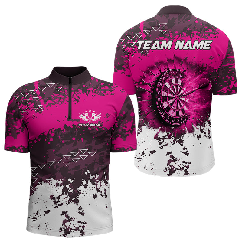 Individuelles Pink Dartboard Feuer Grunge Dart Viertelreißverschluss Herren Shirt – Dart Trikots TDM3767