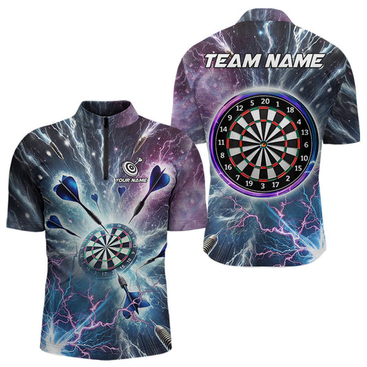 Individuelles Blau und Lila Galaxy Thunder Lightning Dart Viertelreißverschluss Herren Shirt – Dart Trikots TDM3768