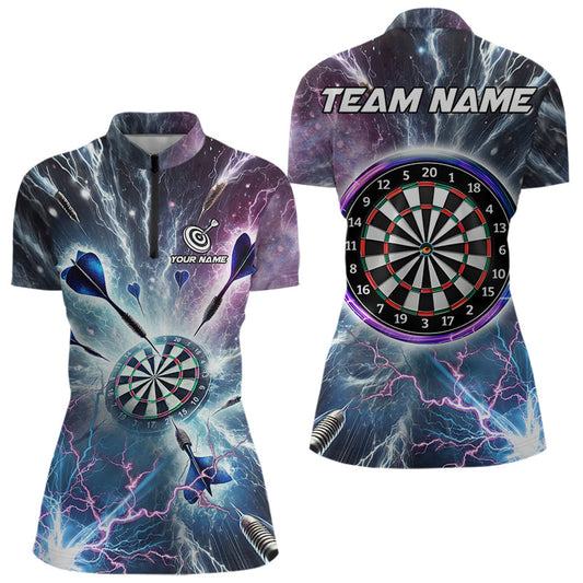 Individuelles Blau und Lila Galaxy Donner Blitz Dart Damen Quarter Zip Shirt – Dart Trikots TDM3768