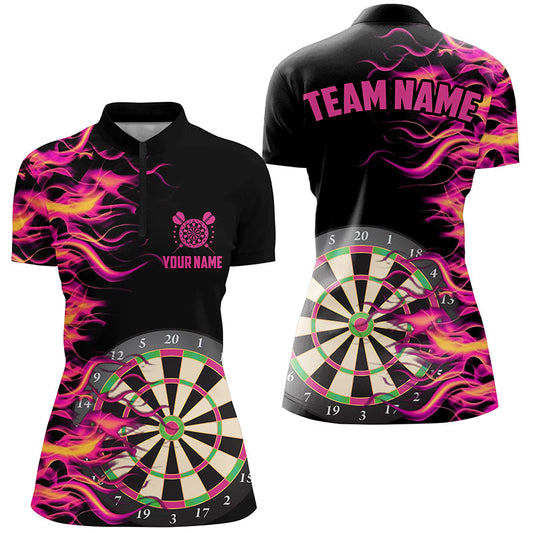 Individuelles pinkes Fire Flame Dart Board Damen Quarter Zip Shirt, Dart Team Uniform TDM1294