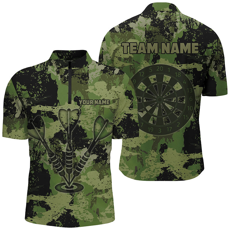 Grunge Grünes Tarnmuster Dartpfeil Herren Shirt mit Viertelreißverschluss, Retro Dart Trikot TDM1660