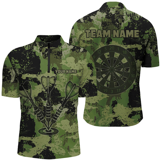 Grunge Grünes Tarnmuster Dartpfeil Herren Shirt mit Viertelreißverschluss, Retro Dart Trikot TDM1660