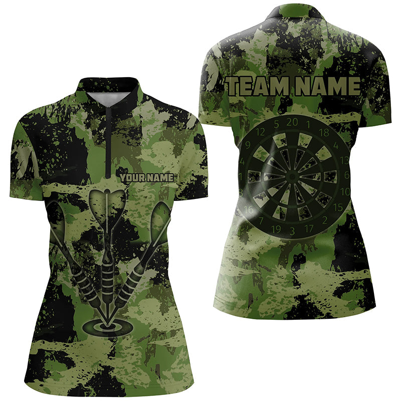 Individuelles Grunge grünes Camo Dart Pfeil Quarter Zip Shirt für Damen, Retro Darttrikot TDM1660