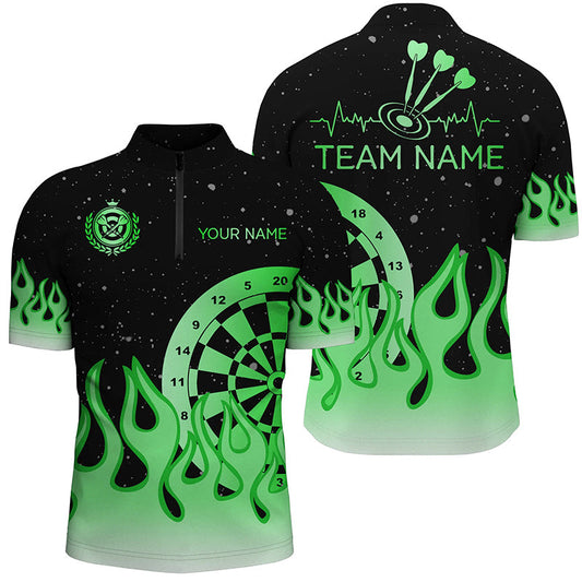 Individuelles Grünes Dartboard Fire Flame Dart Herren Shirt mit Viertelreißverschluss, Team Trikot Darts Geschenke TDM2298