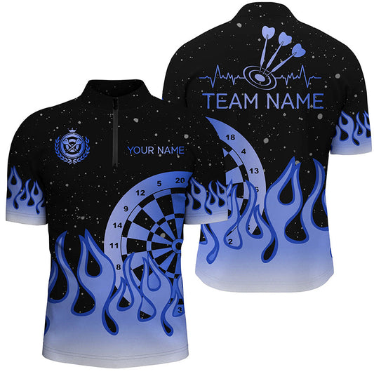 Individuelles Dart Herren Shirt mit Viertelreißverschluss, Blaues Flame Dartboard Dart Team Trikot TDM2299