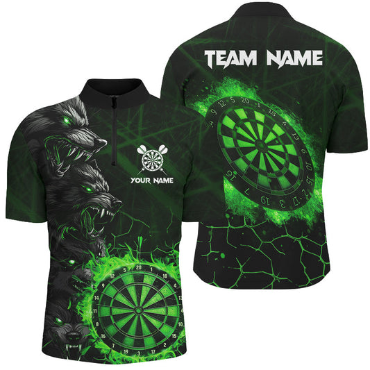 Individuelles Grünes Dart Board Fire Flame Wolf Dart Herren Shirt mit Viertelreißverschluss, Team Dart Trikot Team TDM2799