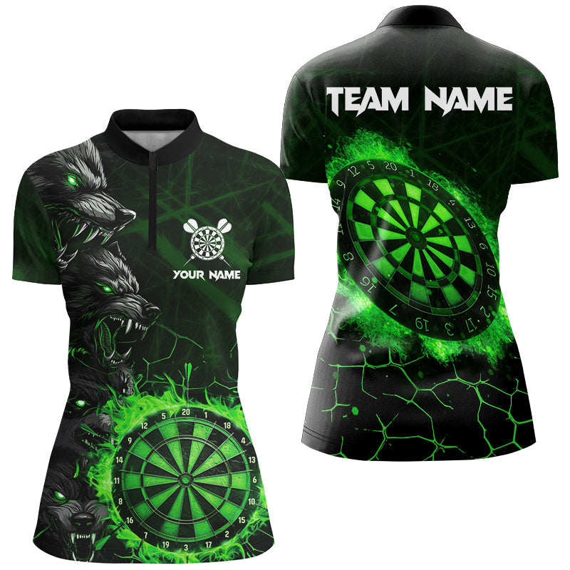 Individuelles Grünes Dartboard Feuer Flamme Wolf Dart Damen Quarter Zip Shirt, Team Dart Trikot Team TDM2799