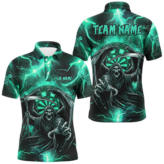 Individuelles türkisfarbenes Grim-Reaper-Thunder-Lightning-Dart-Poloshirt für Herren, Darttrikot TDM2800