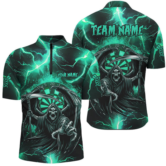 Individuelles Türkiser Grim Reaper Thunder Lightning Dart Herren Shirt mit Viertelreißverschluss, Dart Trikot TDM2800