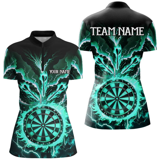 Individuelles Blitz Rauch Flamme Türkis Dart Damen Quarter Zip Shirt, Team Dart Trikot TDM2802