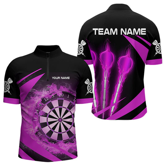 Individuelles Schwarz und Lila Feuerflamme Dart Viertelreißverschluss Herren Shirt, Dart Trikot Liga TDM3480