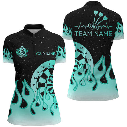 Individuelles türkises Dartboard Fire Flame Dart Quarter Zip Shirt für Damen, Dart Teamtrikot TDM1663