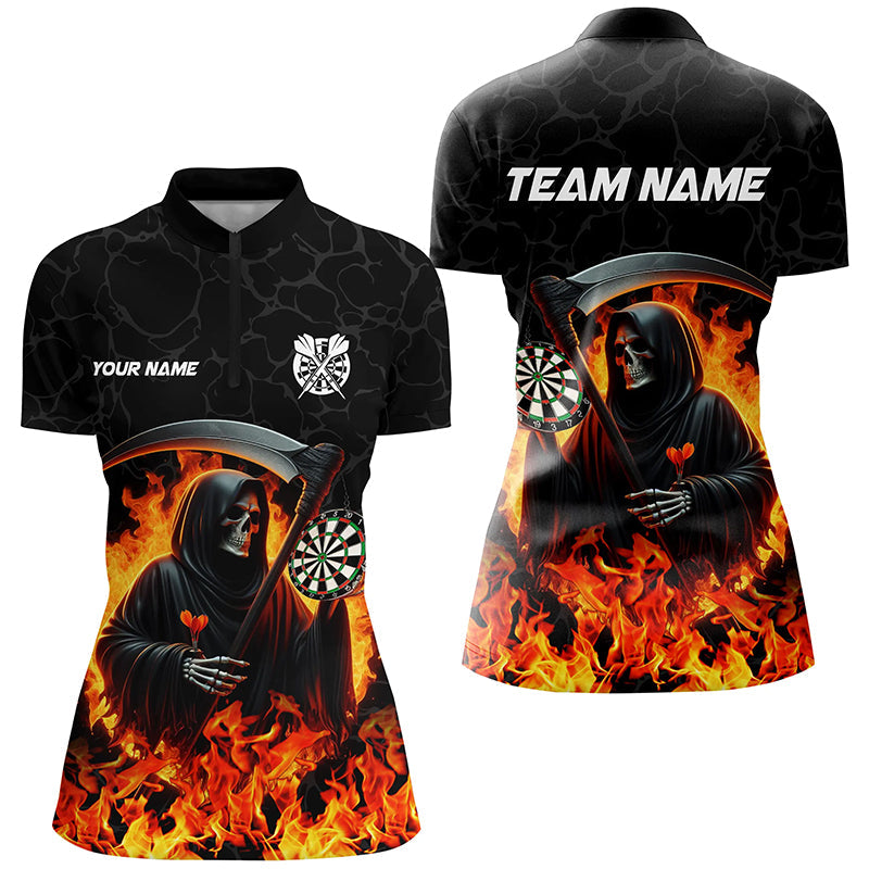 Individuelles Death Skeleton Dartboard Fire Flame Dart Quarter Zip Shirt für Damen, Dart Teamtrikot TDM1669