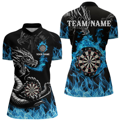 Personalisierte Blaue Flaming-Dragon Dartshirts Für Damen – Teamtrikot Polo & 1/4 Zip TDM4060