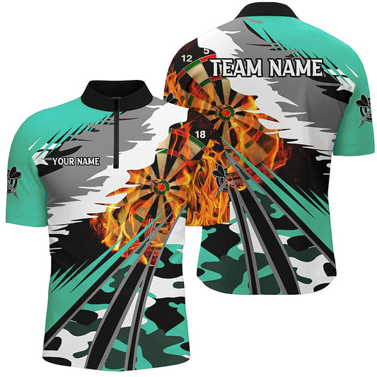 Individuelles Dartboard Fire Herren Shirt mit Viertelreißverschluss, Camo Türkises Dart Team Trikot TDM2555