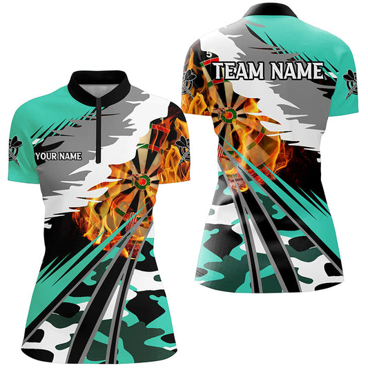 Individuelles Dartboard Feuer Damen Quarter Zip Shirt, Camouflage Türkises Dart Team Trikot TDM2555