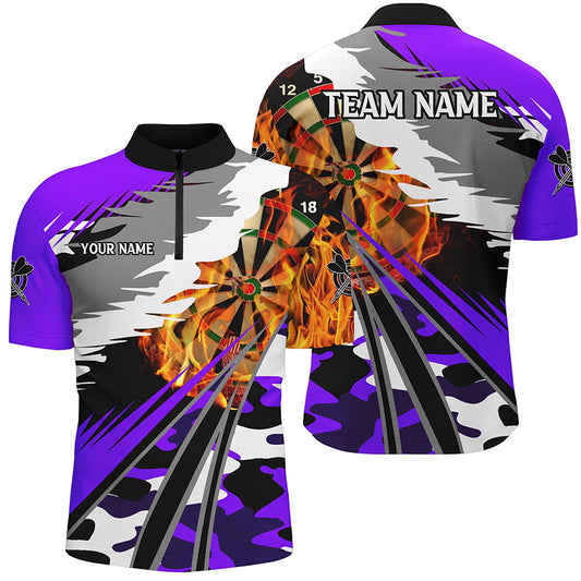Individuelles Dartboard Fire Herren Shirt mit Viertelreißverschluss, Camo Lila Dart Team Trikot TDM2556