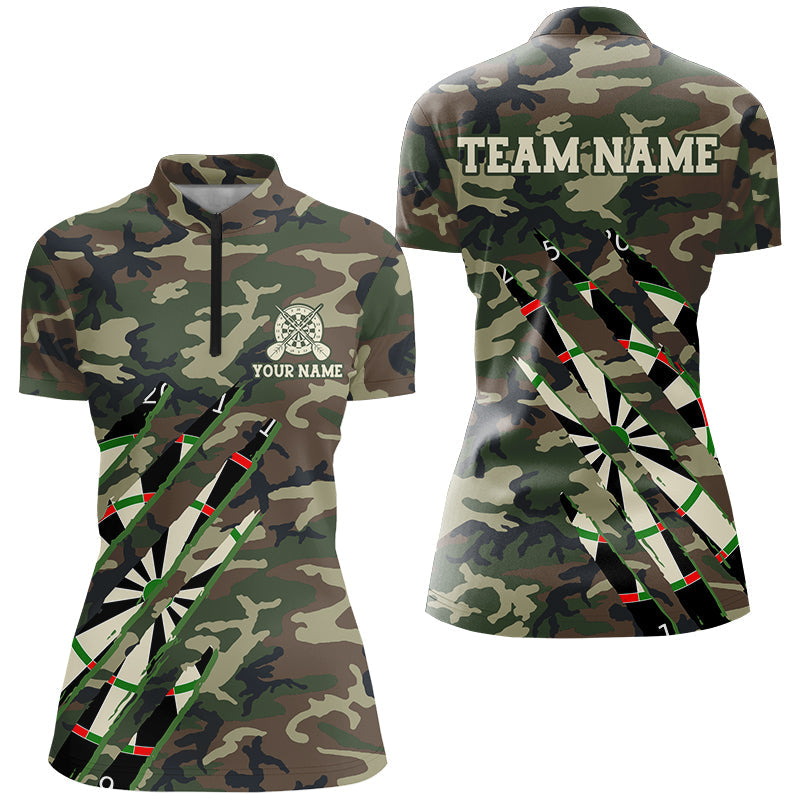 Individuelles Militärgrünes Camouflage Damen Quarter Zip Shirt, Armee Dart Team Trikot TDM2559