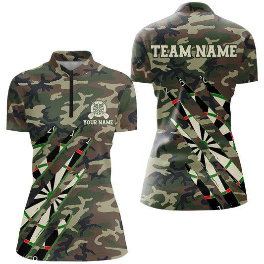 Individuelles Militärgrünes Camouflage Damen Quarter Zip Shirt, Armee Dart Team Trikot TDM2559