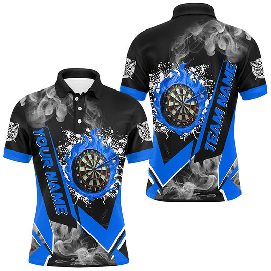 Individuelles Dartbrett-Feuerflamme-Rauch-Dart-Poloshirt für Herren, blaues Dart-Teamtrikot TDM2811