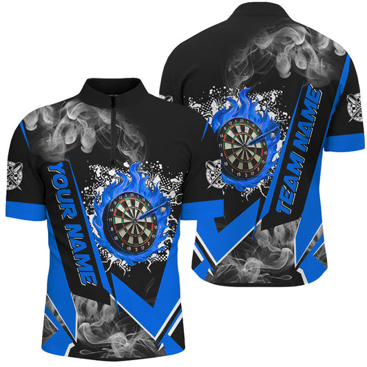 Individuelles Dartboard Fire Flame Smoke Dart Herren Shirt mit Viertelreißverschluss, Blaues Dart Team Trikot TDM2811