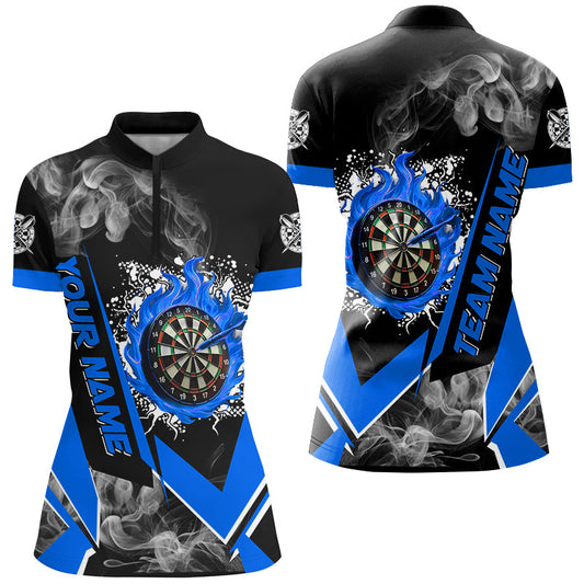 Individuelles Dartboard Feuer Flamme Rauch Dart Damen Quarter Zip Shirt, Blaues Dart Team Trikot TDM2811