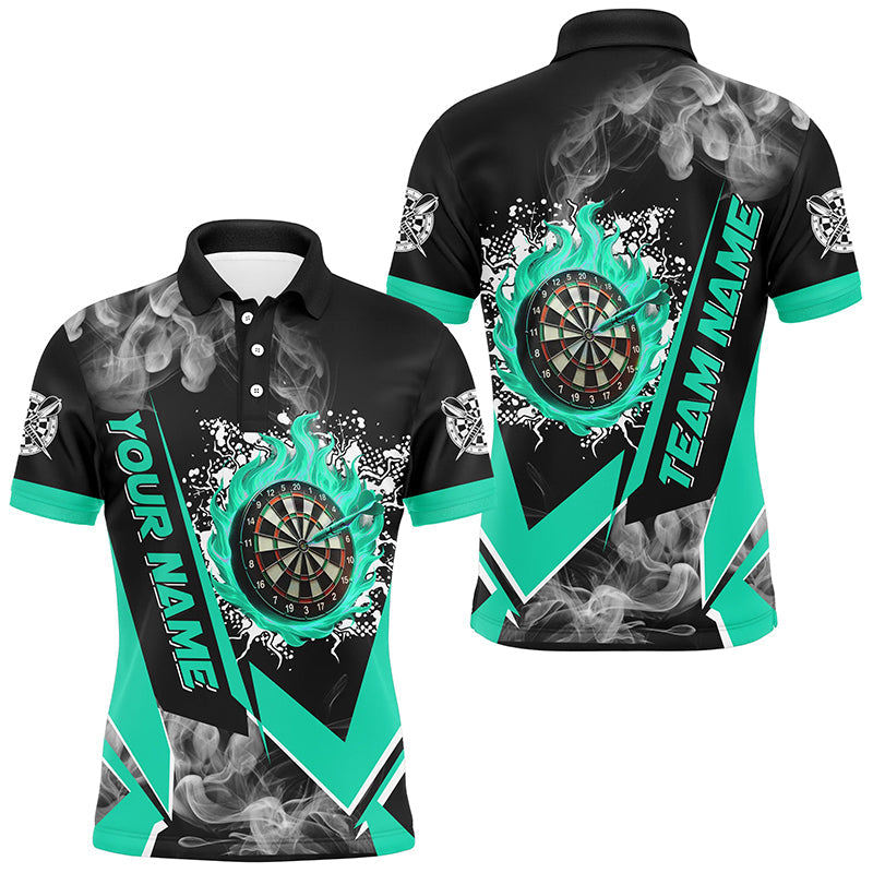 Individuelles Dartbrett-Feuerflamme-Rauch-Dart-Poloshirt für Herren, türkis Darttrikot TDM2812