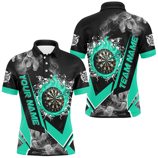 Individuelles Dartbrett-Feuerflamme-Rauch-Dart-Poloshirt für Herren, türkis Darttrikot TDM2812