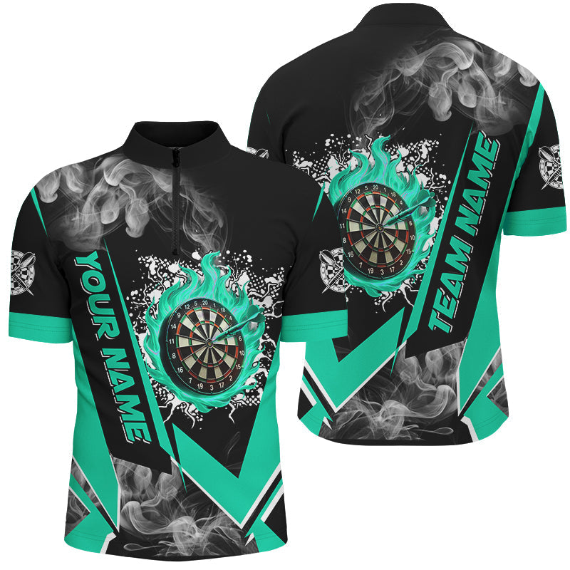 Individuelles Dartboard Fire Flame Smoke Dart Herren Shirt mit Viertelreißverschluss, Türkises Dart Trikot TDM2812