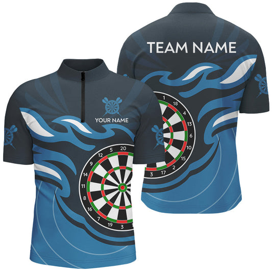 Individuelles Blaues Darts Board Flame Dart Herren Shirt mit Viertelreißverschluss, Dart Trikot Team Uniform TDM3051