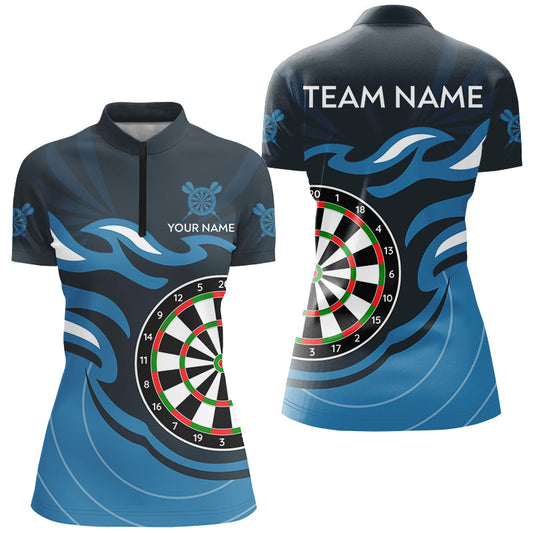Individuelles Blaues Dartboard Flamme Dart Quarter Zip Shirt Für Damen, Dart Trikot Team Uniform TDM3051