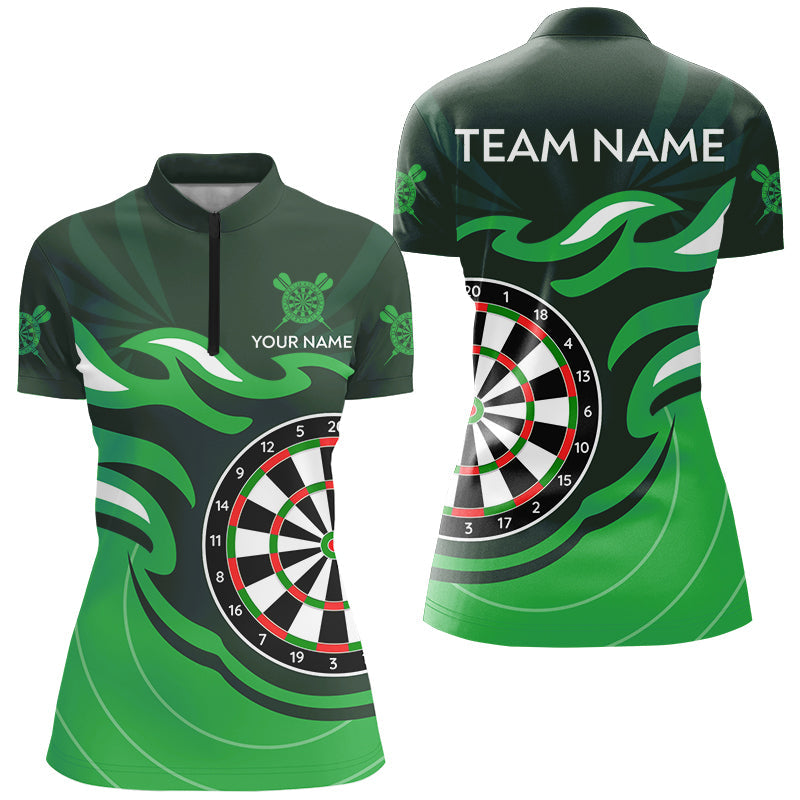 Individuelles Grünes Dartboard Flamme Dart Quarter Zip Shirt Für Damen, Dart Trikot Team Uniform TDM3052