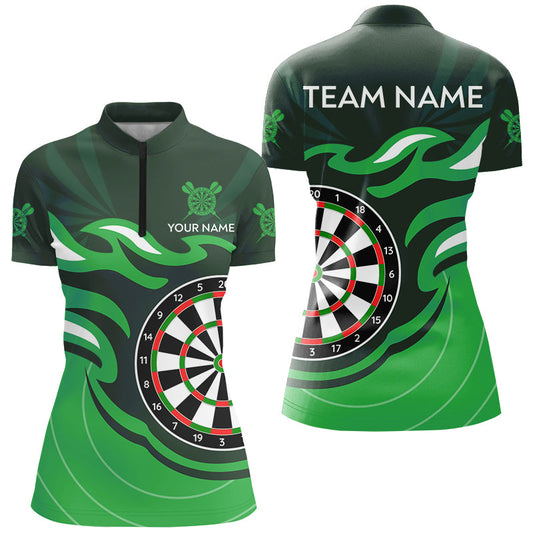 Individuelles Grünes Dartboard Flamme Dart Quarter Zip Shirt Für Damen, Dart Trikot Team Uniform TDM3052
