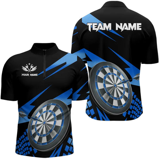 Blau Schwarz Individuelles Dart Herren Shirts, Dart Trikots mit Viertelreißverschluss, Dart Team Trikots TDM3286
