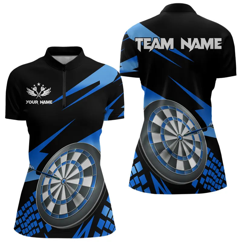 Blau-Schwarz Individuelle Dartshirts für Damen, Dart Trikot Quarter Zip Shirt, Dart Team Trikots TDM3286