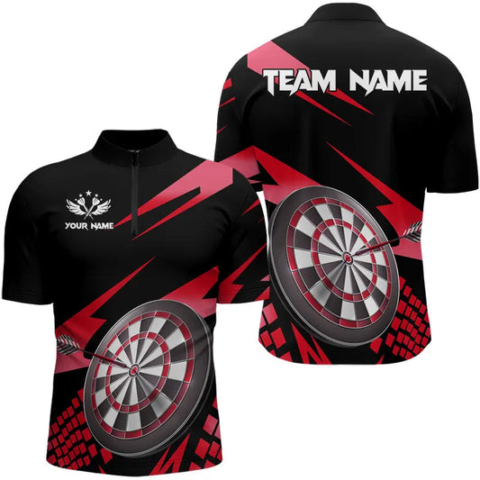 Rot Schwarz Individuelles Dart Herren Shirts, Dart Trikots mit Viertelreißverschluss, Dart Team Trikots TDM3287