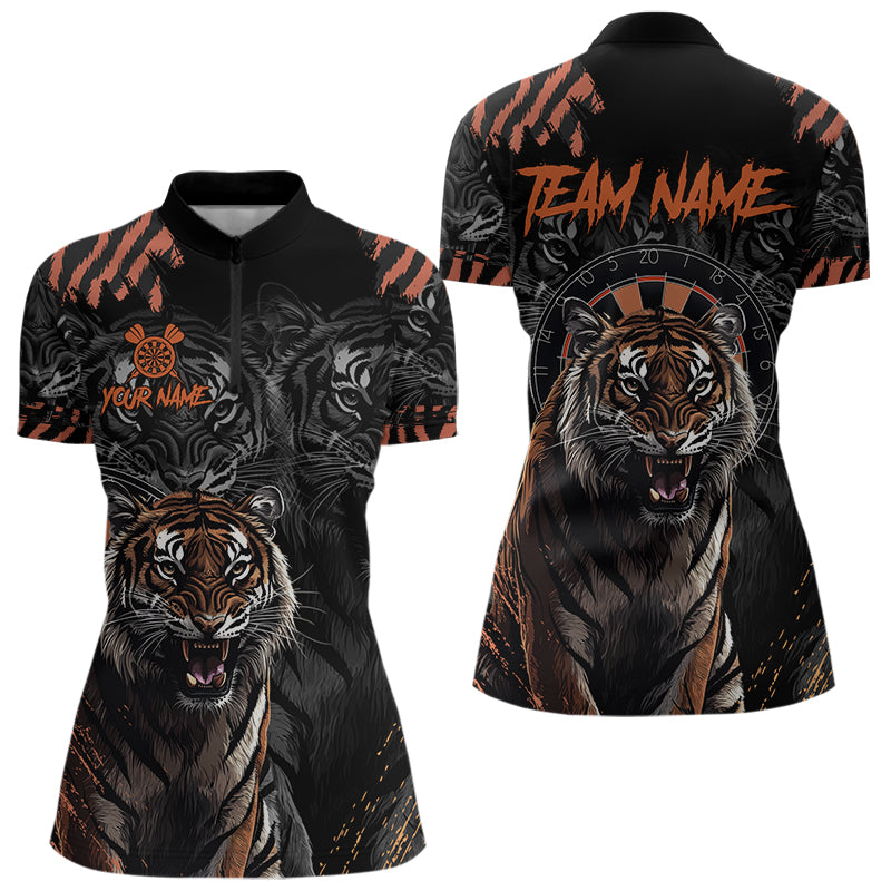 Individuelles Schwarz-Orange Tiger Darts Damen Quarter Zip Shirt, Dart Trikot Team TDM3621