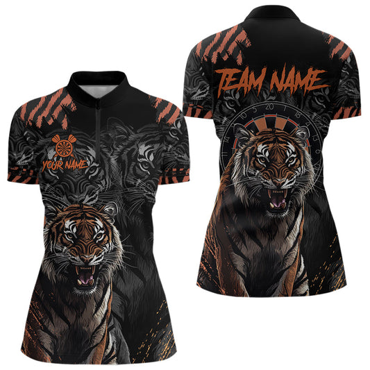 Individuelles Schwarz-Orange Tiger Darts Damen Quarter Zip Shirt, Dart Trikot Team TDM3621