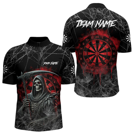 Individuelles Schwarz und Rot Rauch Grim Reaper Dart Viertelreißverschluss Herren Shirt – Dart Trikots TDM3785