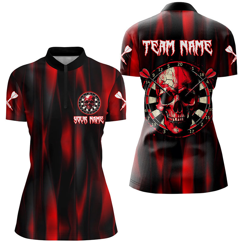 Individuelles rotes Skull Dartboard Dart Quarter Zip Shirt für Damen, Dart Team Uniform TDM1515