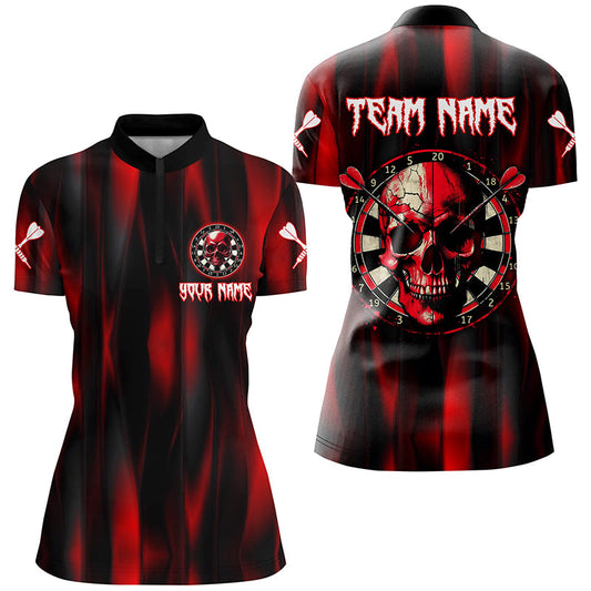Individuelles rotes Skull Dartboard Dart Quarter Zip Shirt für Damen, Dart Team Uniform TDM1515