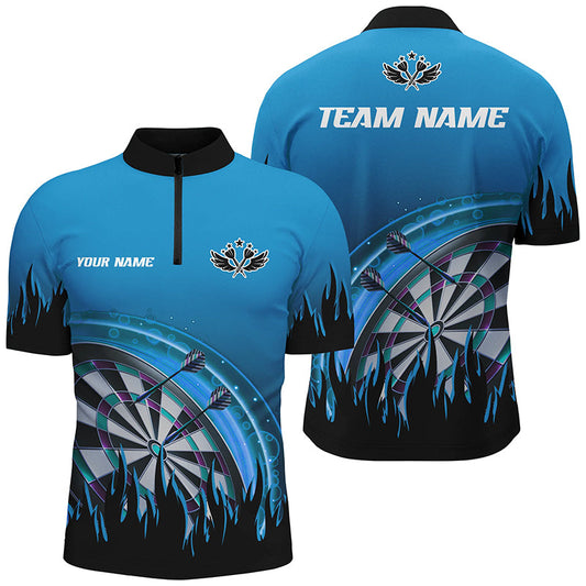 Blaues Dart Flamme Dart Herren Shirt mit Viertelreißverschluss, Dart Team Uniform für Spieler TDM1519
