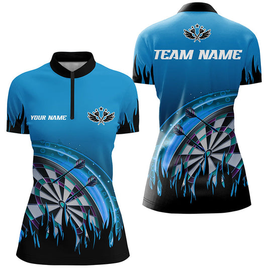 Individuelles blaues Dart Flame Dart Quarter Zip Shirt für Damen, Dart Team Uniform für Spieler TDM1519