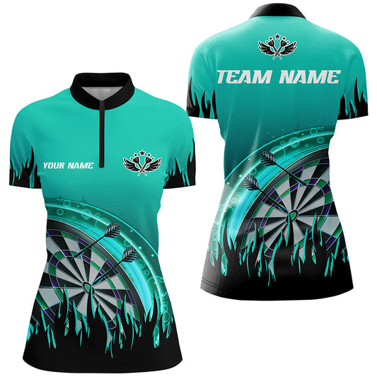 Individuelles türkises Dart Flame Dart Quarter Zip Shirt für Damen, Dart Team Uniform für Spieler TDM1520