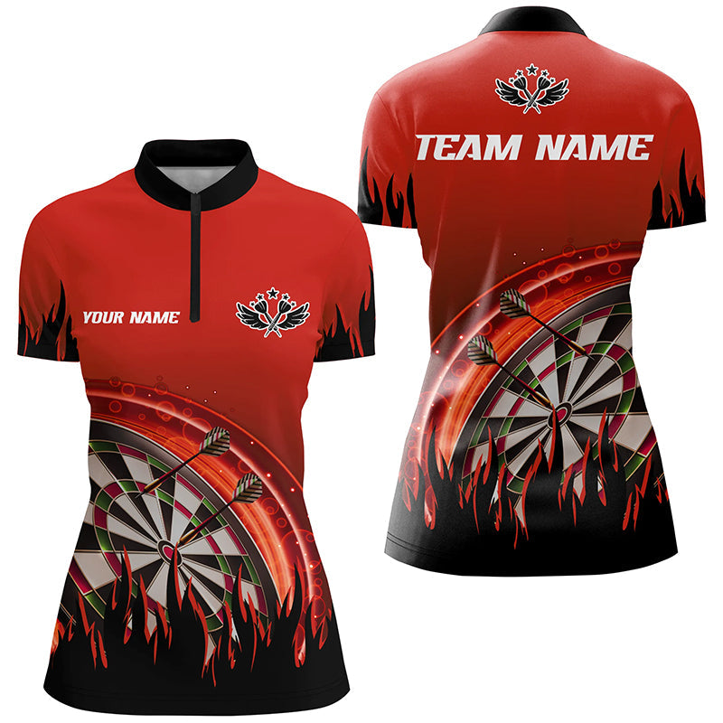 Individuelles rotes Dart Flame Dart Quarter Zip Shirt für Damen, Dart Team Uniform für Spieler TDM1521
