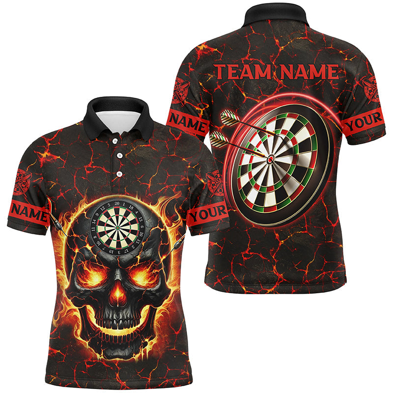 Individuelles Feuerflammen-Skelett Magma-Muster Herren Poloshirt, Rotes Dart-Liga-Trikot TDM2584