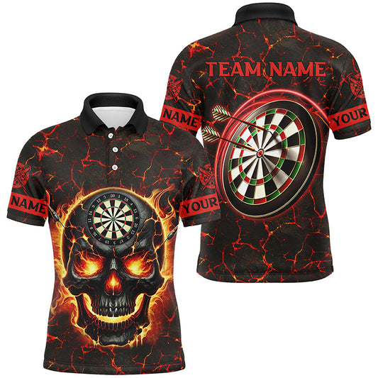 Individuelles Feuerflammen-Skelett Magma-Muster Herren Poloshirt, Rotes Dart-Liga-Trikot TDM2584