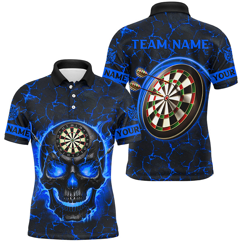 Individuelles Feuerflammen-Skelett Magma-Muster Herren Poloshirt, Blaue Dart-Liga-Trikot TDM2585